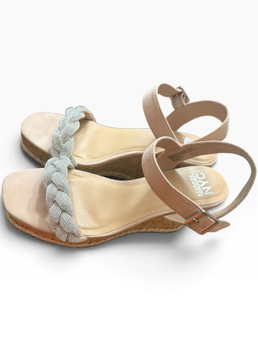Madden NYC Braided Rhinestone Ankle Strap Sandals Nude Tan Silver